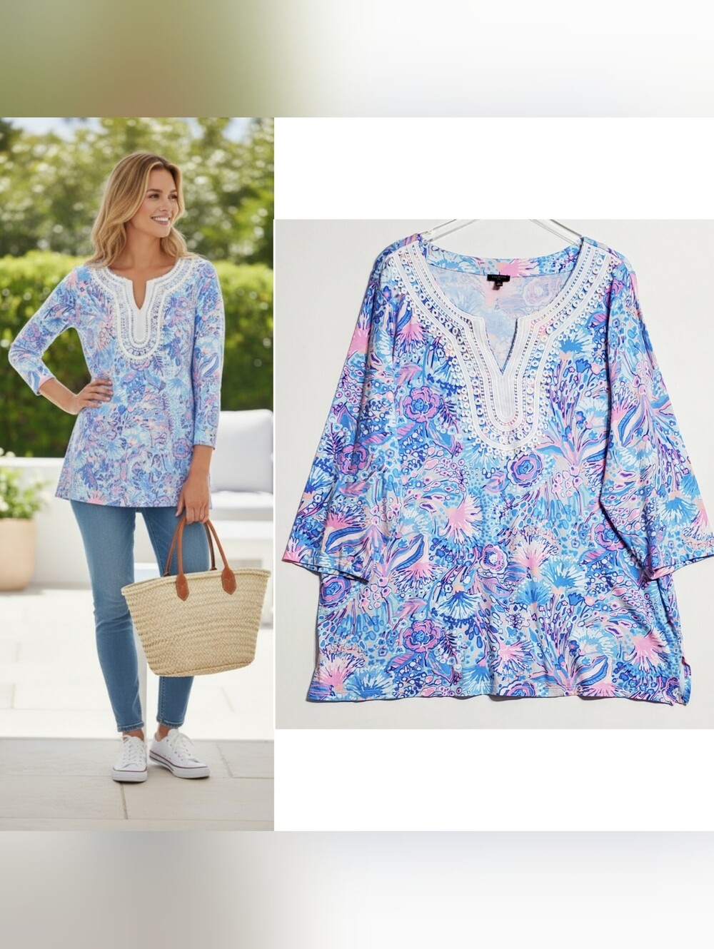 Talbots 3X lace trim tunic top 3/4 sleeves multi bohemian grandma beachy summer